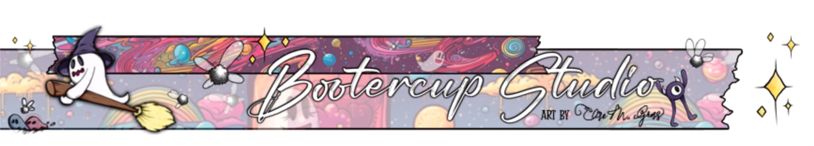 Bootercup Studio Banner displays a fantastical world of colour and ghosts, fairies and imps dancing as stars shine